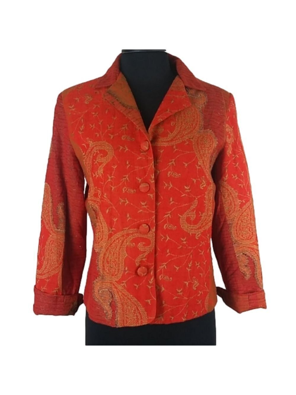 Norm Thompson Orange Paisley Wool Blend One Notched Collar Button Front Blazer
